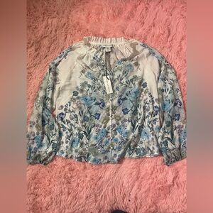 Cupcakes and Cashmere Floral Blouse Size M Blue White Sheer Ruffle Boho NWT